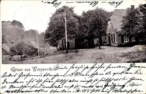 Ak Worpswede in Niedersachsen, Landschaftsaufnahme mit Häusern, Bäumen, Weg, handgeschriebener...