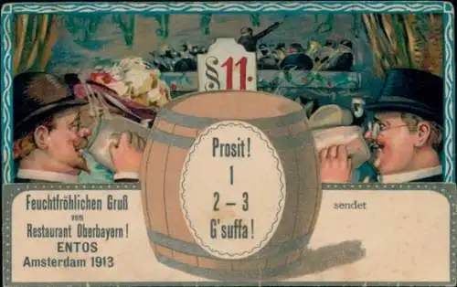 Mechanische Ak Bierfass, 1-2-3 G'suffa, Restaurant Oberbayern, ENTOS, Amsterdam 1913