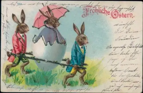Glitzer Ak Frohe Ostern, Osterhasen, Sänfte aus Eierschale