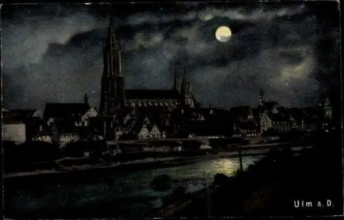 Mondschein Ak Ulm an der Donau, Stadt bei Nacht, Münster
