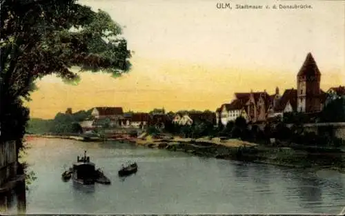 Ak Ulm an der Donau, Stadtmauer von der Donaubrücke