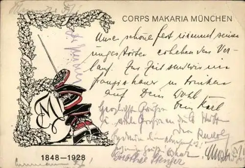 Studentika Ak München, Corps Makaria, 1848-1928, Corpsfarben, Eichenlaub,  KSCV