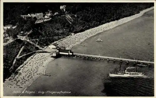 Ak Ostseebad Sellin auf Rügen, Seebrücke, Dampfschiff, Fliegeraufnahme