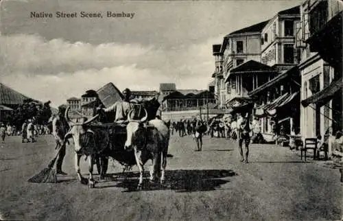 Ak Mumbai Bombay Indien, Straßenszene, Ochsenkarren, Straßenkehrer