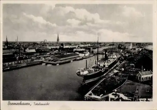 Ak Bremerhaven, Totalansicht von Ort, Hafen, Dampfschiff, Kirchtürme