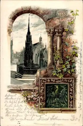 Präge Wappen Passepartout Litho Nürnberg in Mittelfranken, Schöner Brunnen