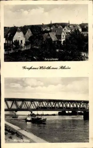 Ak Wörth am Rhein, Gesamtansicht, Rheinbrücke