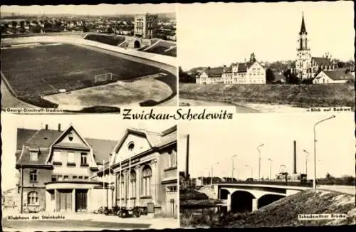 Ak Schedewitz Zwickau in Sachsen, Georgi Dimitroff Stadion, Bockwa, Klubhaus der Steinkohle, Brücke