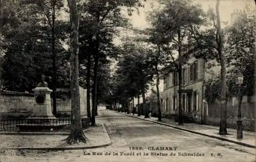 Ak Clamart Hauts de Seine, La Rue de la Forêt et la Statue de Schneider