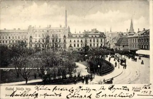 Ak Malmö Schweden, Gustaf Adolfs torg, Menschenmenge, historische Architektur