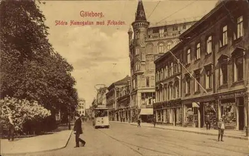 Ak Göteborg Schweden, Södra Hamngatan med Arkaden, Straßenbahn