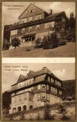 Ak Vysoká Lípa Hohenleipa Region Aussig, Hotel Pestalozzi, Hotel Hohe Warte