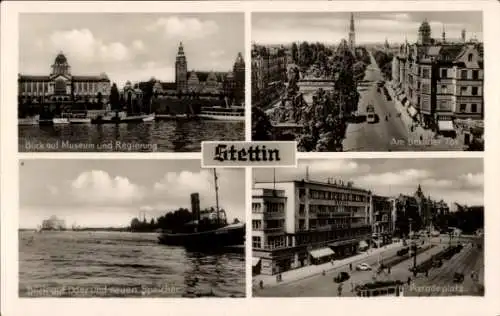 Ak Szczecin Stettin Pommern, Schwarz-Weiß-Fotos, Blick auf Museum und Regierung, Paradeplatz, ...