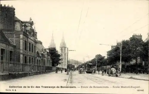 Ak Bon Secours Bonsecours Péruwelz Hennegau, Tramway, Ecole Marcel-Buquet, historische Gebäude...