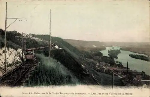 Ak Brie Comte Robert Seine et Marne, Bild von Tram und Fluss, sanfte Hügel, farbenfrohe Postkarte