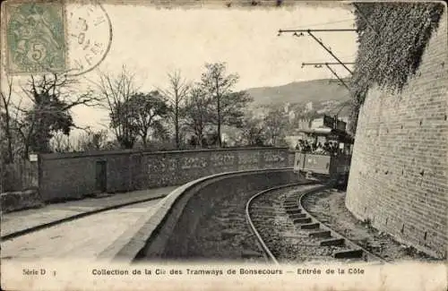 Ak Bon Secours Bonsecours Péruwelz Hennegau, Tramway, Einfahrt zur Côte, Bäume, Mauer, Schienen