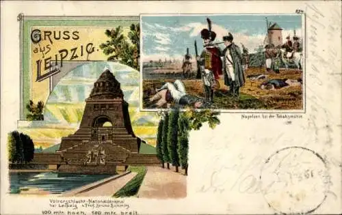 Litho Leipzig in Sachsen, Völkerschlachtdenkmal, Napoleon, Bruno Bürger 654