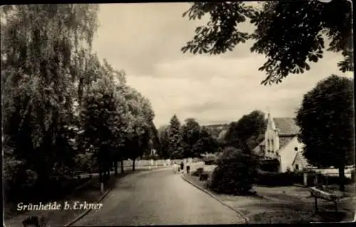 Ak Grünheide in der Mark, Landschaftsaufnahme mit Straße, Bäume, Häuser, Wolken