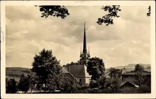 Ak Dörfel Marienberg im Erzgebirge, Kirchturm, Bäume, Wolken, Schwarz-Weiß-Fotografie