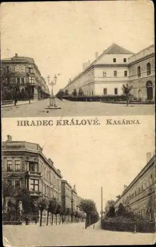 Ak Hradec Králové Königgrätz Stadt,  Kasárna, historische Architektur, Straßenansicht, Laterne...