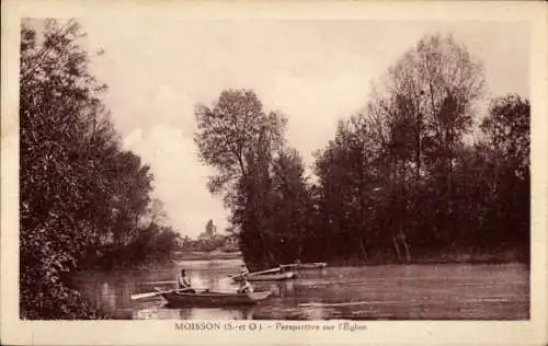 Ak Moisson sur Seine Yvelines, Fluss, Bäume, Boote, Kirche im Hintergrund, sepiafarben