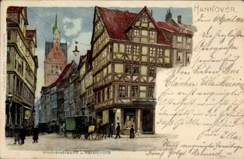 Litho Hannover in Niedersachsen, Die Kramerstraße mit Marktkirche