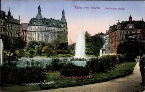 Ak Köln am Rhein, Brunnen, historische Gebäude, Parklandschaft, Abendstimmung