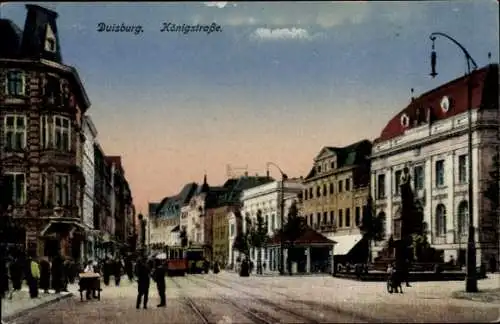 Ak Duisburg, Straßenbahn in der Königstraße mit Brunnen, Straßenszene