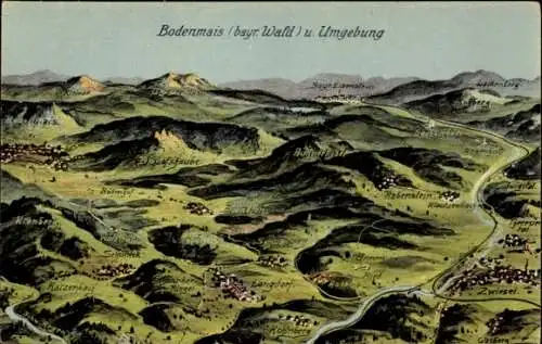 Ak Bodenmais in Niederbayern, Landschaftsansicht, Gebirge, Ort Beschriftungen, Züge