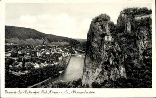 Ak Bad Münster am Stein Bad Kreuznach an der Nahe, Blick auf Stadt, Fluss, Felsen, Thermalbad,...