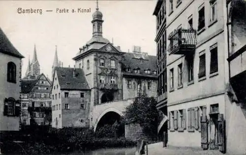 Ak Bamberg in Oberfranken,  Kanalansicht, Gebäude, Brücke, Kirchtürme, historische Architektur