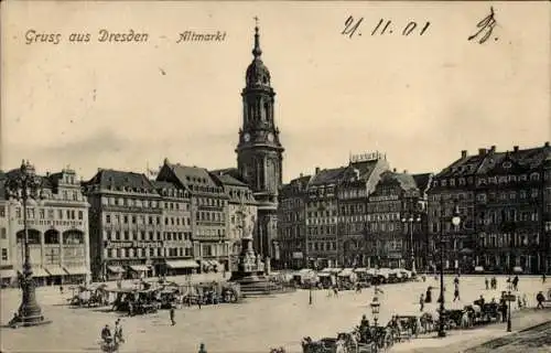 Ak Dresden Altstadt Friedrichstadt, Historische Ansicht, Altmarkt, Kirche, Stadtgebäude, Pferd...