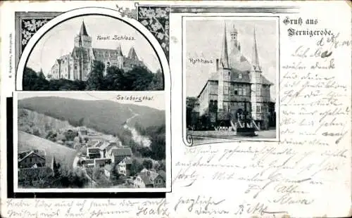 Ak Wernigerode im Harz, Fürstliches Schloss, Salzbergtal, Rathaus