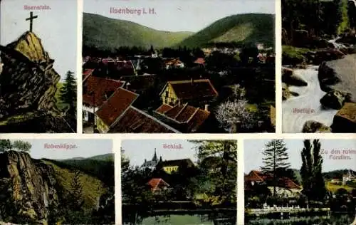 Ak Ilsenburg im Harz, Ilsenstein, Rabenklippe, Schloss, Zu den roten Forellen