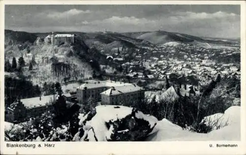 Ak Blankenburg am Harz, Schneebedeckte Landschaft, Stadtansicht mit Burgruine, Wohnhäuser