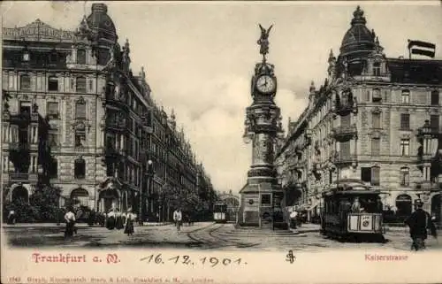 Ak Frankfurt am Main, Kaiserstraße, historische Gebäude, Straßenbahnen, Uhrturm, Postkarte von...