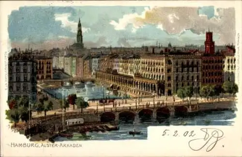 Litho Hamburg Mitte Altstadt, Alsterarkaden, Brücke, Vogelschau