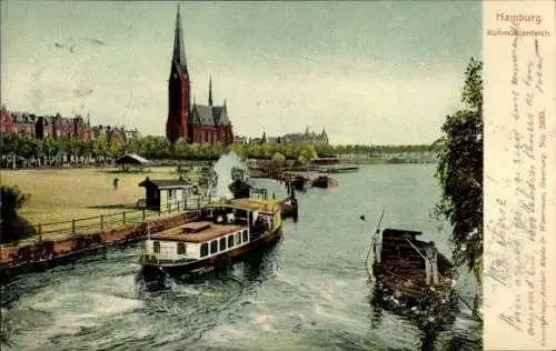 Ak Hamburg Altona Neumühlen Oevelgönne, Kuhmolenteich, Kirche im Hintergrund, Boote auf dem Wa...