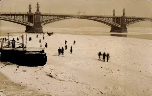 Ak Mainz am Rhein, Vereister Rhein, Brücke