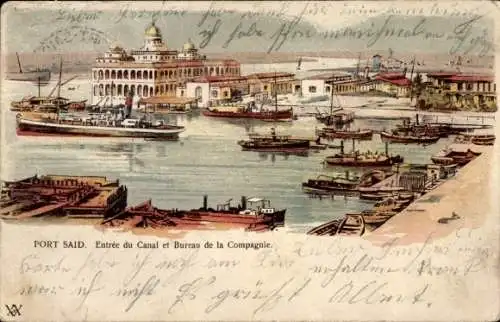 Ak Port Said Ägypten, Aussicht auf  Kanal, Schiffe, historische Gebäude