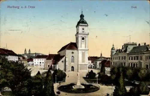 Ak Maribor Marburg an der Drau Slowenien, Dom, Stadtplatz, alte Architektur, Uhrturm, Statue