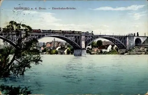 Ak Maribor Marburg an der Drau Slowenien, Eisenbahnbrücke, Fluss, Stadtansicht