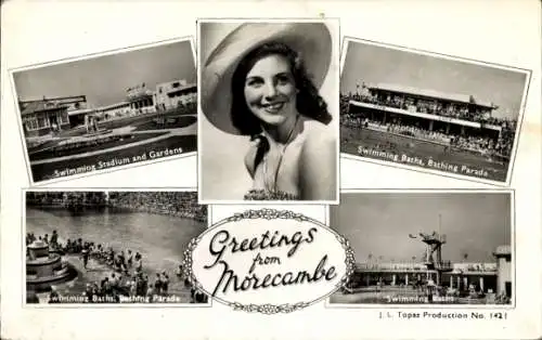 Ak Morecambe Lancaster Lancashire England, Schwimmstadion und Gärten, Schwimmbad, Badeparade