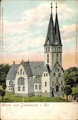 Ak Jahnsbach Thum im Erzgebirge, Zeichnung von Albin König, Kirche mit zwei Türmen, Gruss aus ...