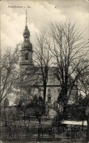 Ak Mittelfrohna Niederfrohna Sachsen, Kirche, Bäume, Zaun, historische Ansicht, schwarz-weiß