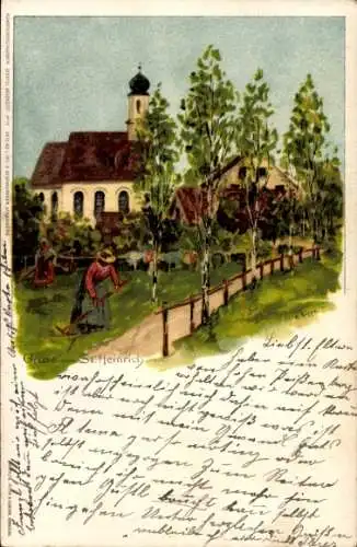 Künstler Ak Lippe, K., Sankt Heinrich Münsing am Starnberger See, Ortspartie mit Kirche, Mahd