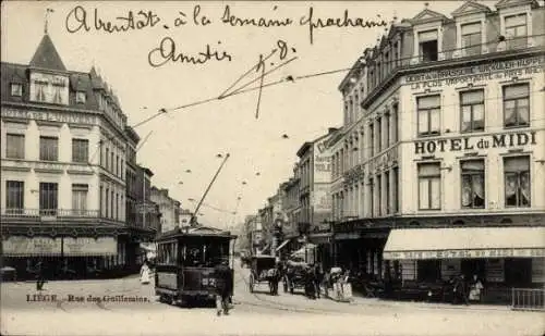 Ak Liège Lüttich Wallonien, Stadtansicht, Straßenbahn, Hotel du Midi, Rue des Guillemins