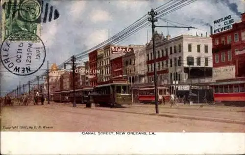 Ak New Orleans Louisiana USA, Canal Street, Straßenbahn, Orpheum Theater, Geschäfte