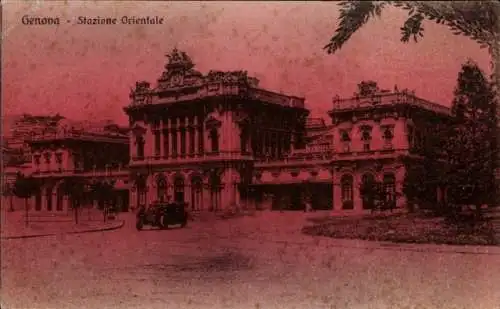 Ak Genova Genua Liguria, Historisches Gebäude, Stazione Orientale, Kutsche, Bäume