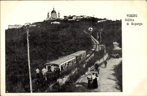 Ak Torino Turin Piemonte, Bergbahn, Berglandschaft, Hügel, Leute, Aussicht, Kirche